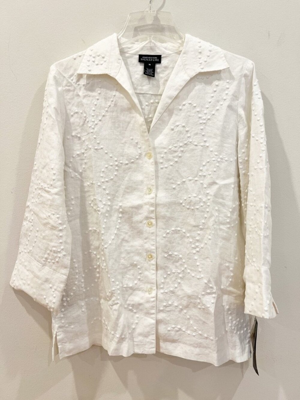 Jones New York Shirt Top Womens Medium White Linen Button Front Embroidered NEW
